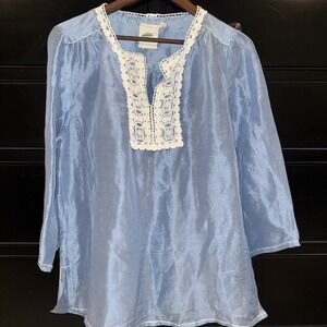 Nurture Women's V Neck Tunic Top Popover Linen Silk Blend M Blue White Crochet